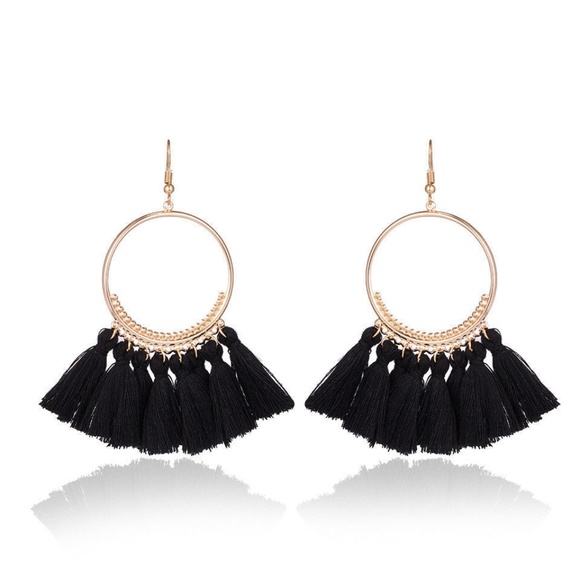Jewelry - HP💜 Boho Large Black Tassel Fringe Hoop Earrings